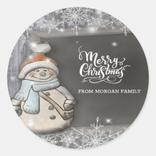 Frohe Weihnachten, Süßer Schneemann, Schneeflocken Runder Aufkleber