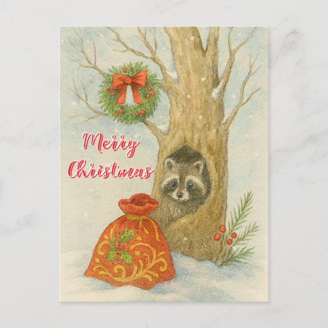 Frohe Weihnachten Süßer Waschbär Wildtiere Postkarte (Vorderseite)