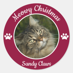 Frohe Weihnachten Süßes Katzenfoto mit Namen Pfote Runder Aufkleber