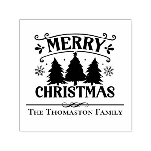 Frohe Weihnachten Tannen Schneeflocken Familiennam Permastempel