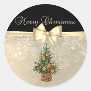Frohe Weihnachten, Tannenbaum Orange, Schneeflocke Runder Aufkleber
