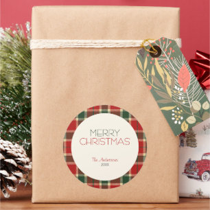 Frohe Weihnachten Tartan Kariert Custom Runder Aufkleber