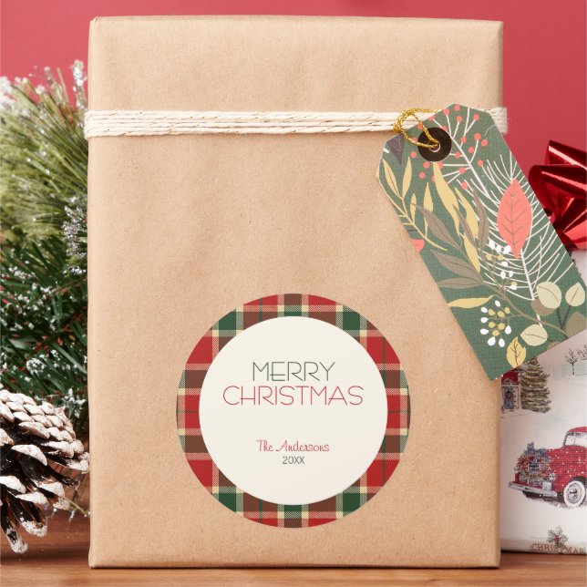 Frohe Weihnachten Tartan Kariert Custom Runder Aufkleber (Feiertag)