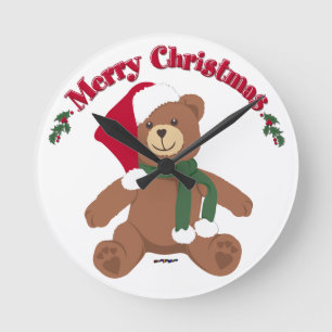 Frohe Weihnachten Teddybär Runde Wanduhr