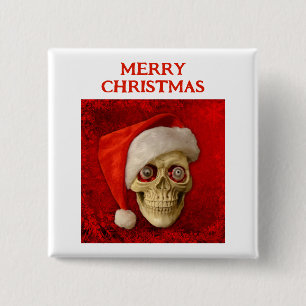 Frohe Weihnachten. Totenkopf mit Santa-Hut Button
