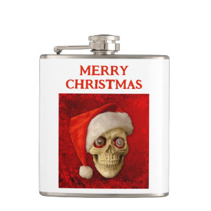 Frohe Weihnachten. Totenkopf mit Santa Hut Flachmann