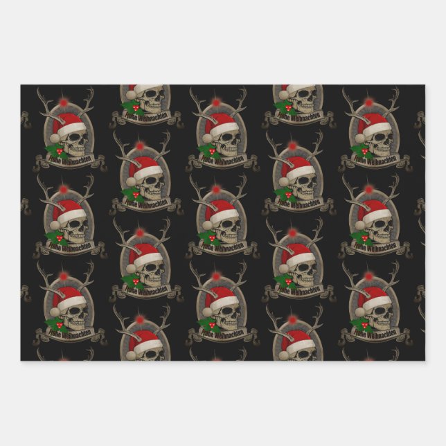 Frohe Weihnachten Totenschädel Stern Banner Mütze Geschenkpapier Set (Vorderseite)