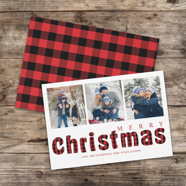 Frohe Weihnachten Traditionelles einfaches Buffalo (Merry Christmas red and black buffalo check typography multi photo greeting card. )