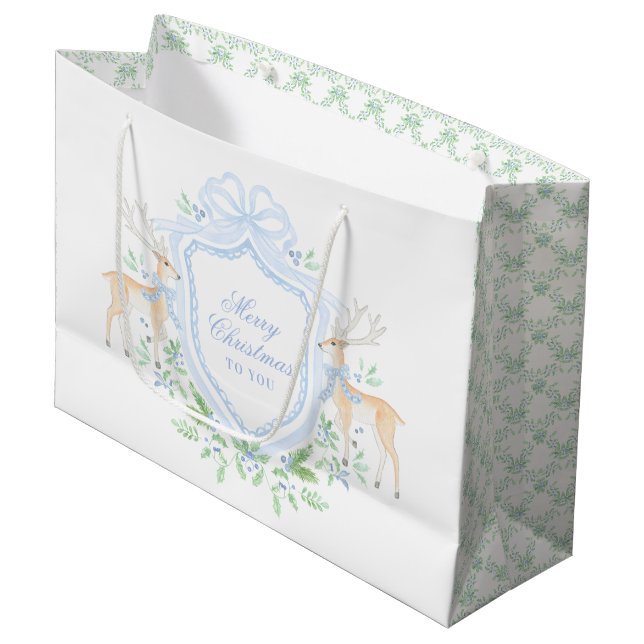 Frohe Weihnachten Trellis und Swag mit Blue Bow Große Geschenktüte (Vorderseite Schrägansicht)