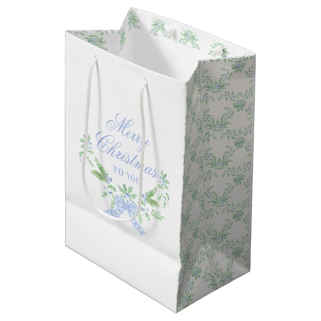 Frohe Weihnachten Trellis und Swag mit Blue Bow Mittlere Geschenktüte (Vorderseite Schrägansicht)