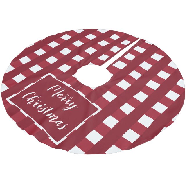 Frohe Weihnachten Trendy Buffalo Karo rot und weiß Polyester Weihnachtsbaumdecke (Schrägansicht)