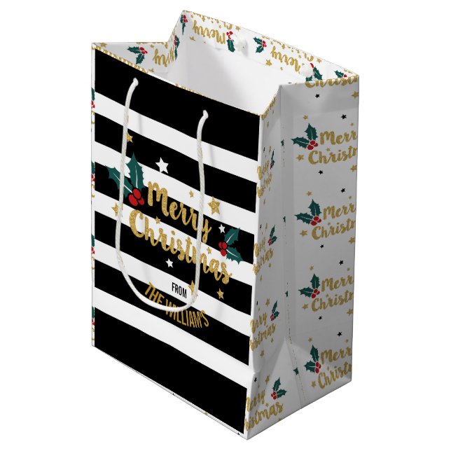 Frohe Weihnachten Trendy Gold Glitzer Text Design Mittlere Geschenktüte (Vorderseite Schrägansicht)