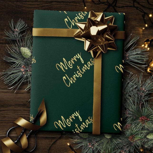 Frohe Weihnachten | Trendy Green und Gold Modern Geschenkpapier (Von Creator hochgeladen)