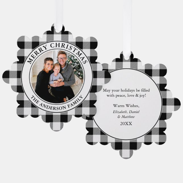 Frohe Weihnachten Trendy Schwarz und Weiß Kariert Ornament Karte (Vorderseite/Rückseite)
