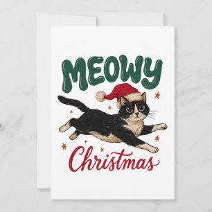 Frohe Weihnachten Tuxedo-Katze springt mit Hut Einladung