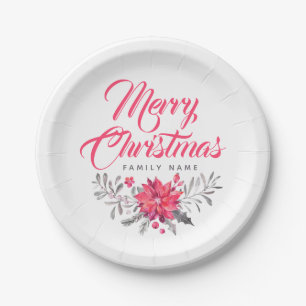Frohe Weihnachten-Typografie & Blumenstrauß Pappteller