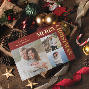 Frohe Weihnachten Typografie Gold auf Rot 3 Fotos Folien Feiertagskarte