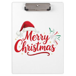 Frohe Weihnachten-Typografie mit Santa-Hut und Sch Klemmbrett