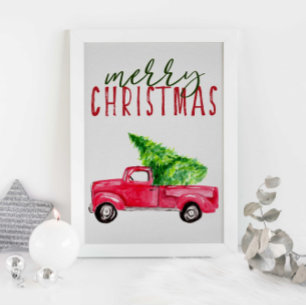 Frohe Weihnachten Typografie Roter LKW Baum Festli Poster