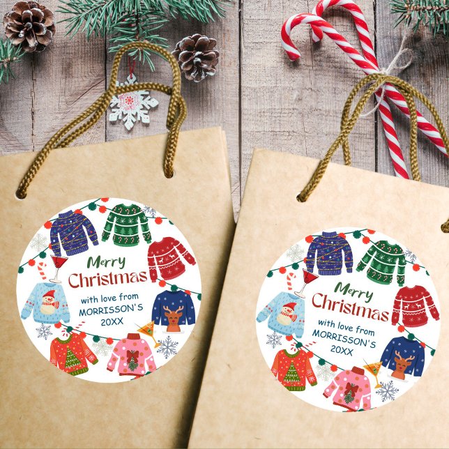 Frohe Weihnachten Ugly Sweater Party lustig Runder Aufkleber (Merry Christmas Ugly sweater party funny Stickers Christmas stickers)