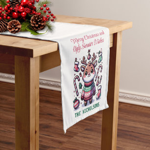 Frohe Weihnachten & Ugly Sweater wünscht Rentier Mittelgroßer Tischläufer