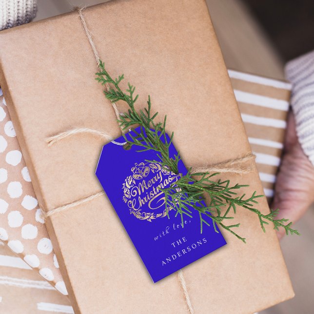 Frohe Weihnachten, um Wreath Royal Blue Gold zu ne Geschenkanhänger (Merry Christmas To Name Wreath Royal Blue Gold Gift Tags )