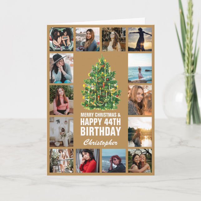 Frohe Weihnachten und 44. Glück Geburtstag Gold Karte (Vorderseite)