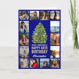 Frohe Weihnachten und 60. Happy Birthday Navy Blue Karte