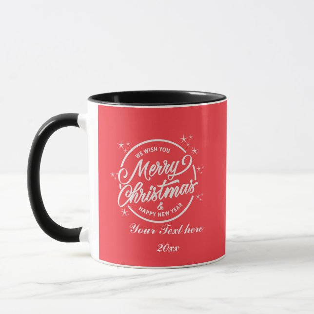 Frohe Weihnachten und Glück für das neue Jahr, wei Tasse (Links)