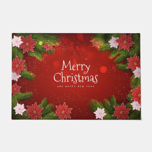 Frohe Weihnachten und Glück Neujahr Poinsettias Fußmatte (Vorderseite)