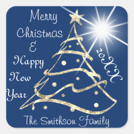 Frohe Weihnachten und Glück Neujahr Tree Blue Navy Quadratischer Aufkleber