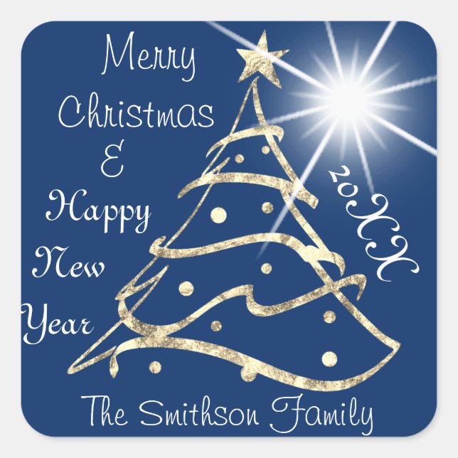 Frohe Weihnachten und Glück Neujahr Tree Blue Navy Quadratischer Aufkleber (Vorderseite)