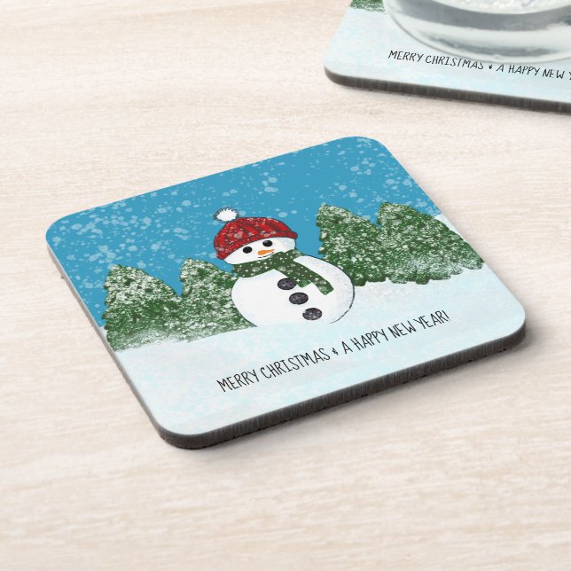 Frohe Weihnachten und glückliche Neujahr Schneeman Getränkeuntersetzer (Linke Seite)