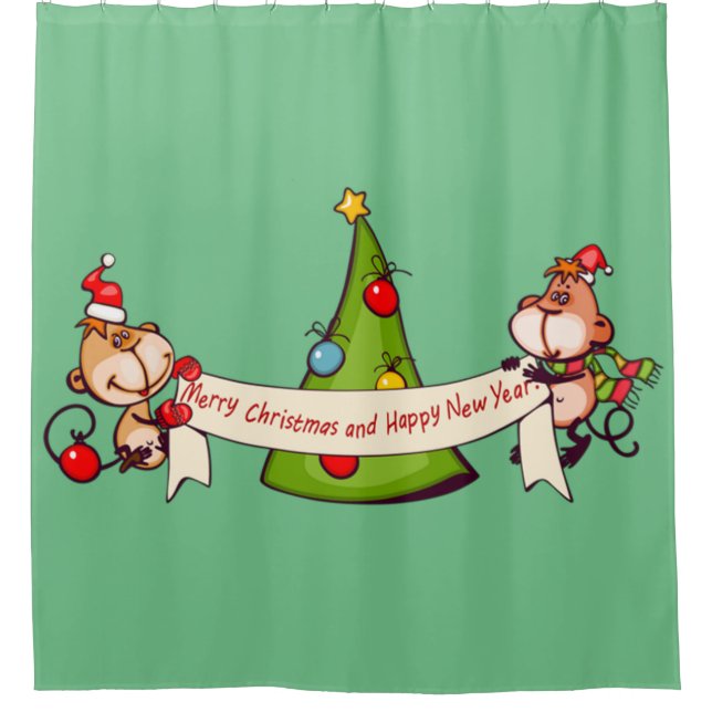 Frohe Weihnachten und glückliche Neujahrsaffen Duschvorhang (Vorderseite)