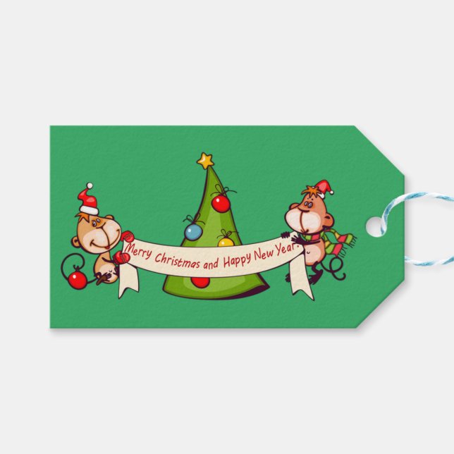 Frohe Weihnachten und glückliche Neujahrsaffen Geschenkanhänger (Vorderseite (Horizontal))