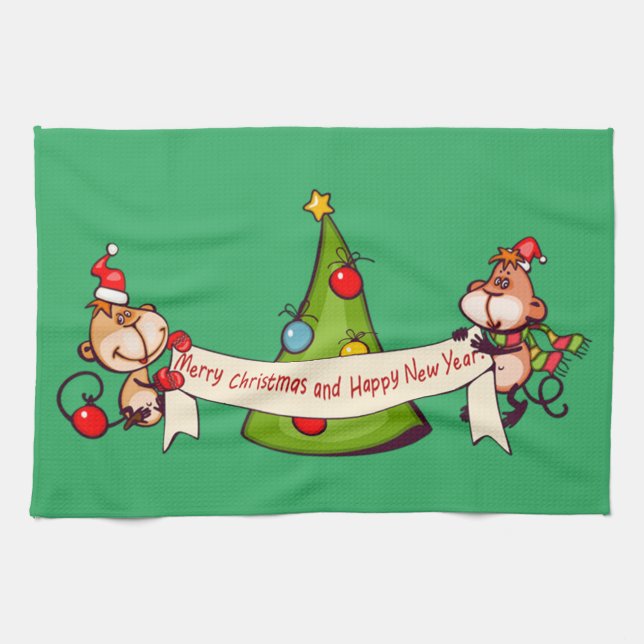 Frohe Weihnachten und glückliche Neujahrsaffen Geschirrtuch (Horizontal)