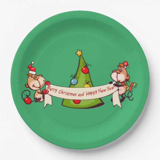 Frohe Weihnachten und glückliche Neujahrsaffen Pappteller (Vorderseite)