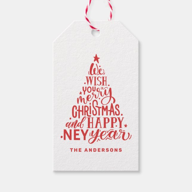 Frohe Weihnachten und glückliches Neues Jahr. Rote Geschenkanhänger (Vorderseite)