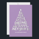 Frohe Weihnachten und glückliches Neues Jahr. Viol<br><div class="desc">"Wir wünschen Ihnen ein frohes Weihnachten und ein glückliches Neues Jahr" lila Schriftkarte.</div>