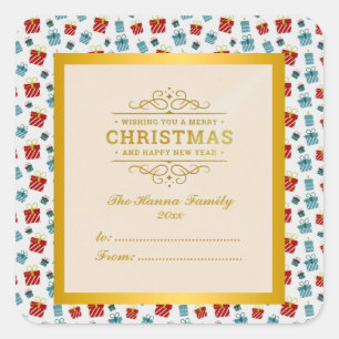 Frohe Weihnachten und Neujahr-Geschenk Hintergrund Quadratischer Aufkleber