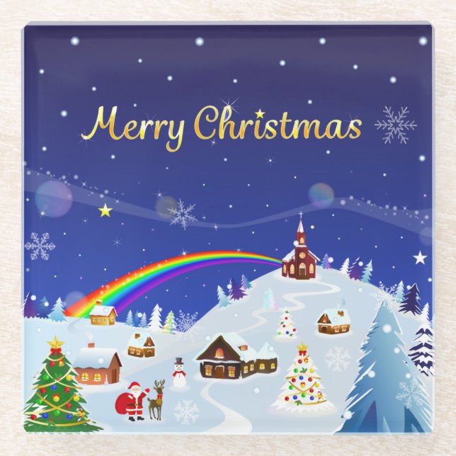 Frohe Weihnachten und Regenbogen Santa Glasuntersetzer (Vorderseite)