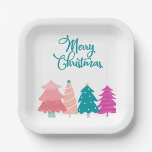 Frohe Weihnachten und rosa Weihnachtsbäume Pappteller