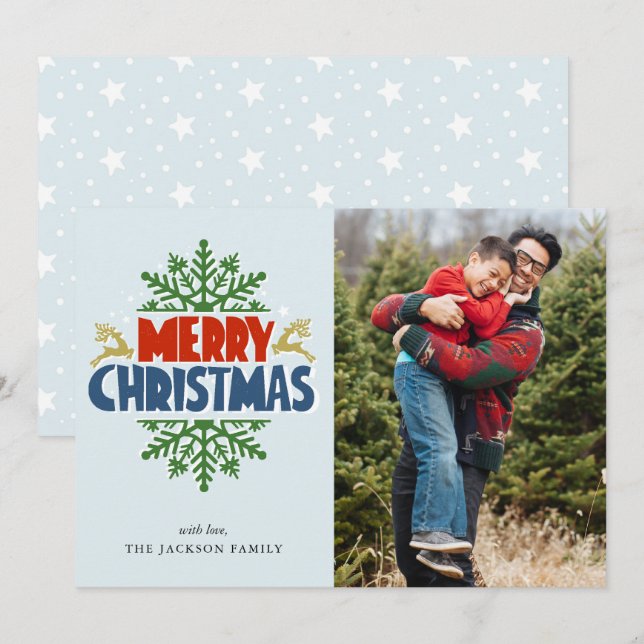 Frohe Weihnachten und Snowflake Foto Weihnachtskar Einladung (Vorne/Hinten)