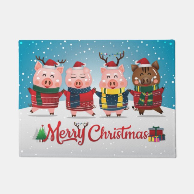Frohe Weihnachten Vier Kleine Schweine Fußmatte (Vorderseite)