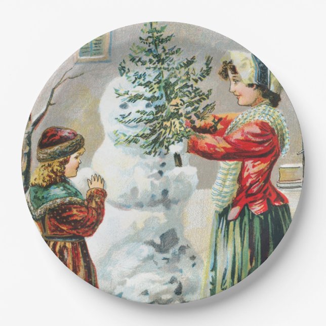 Frohe Weihnachten Viktorianische Familie und Snowm Pappteller (Vorderseite)