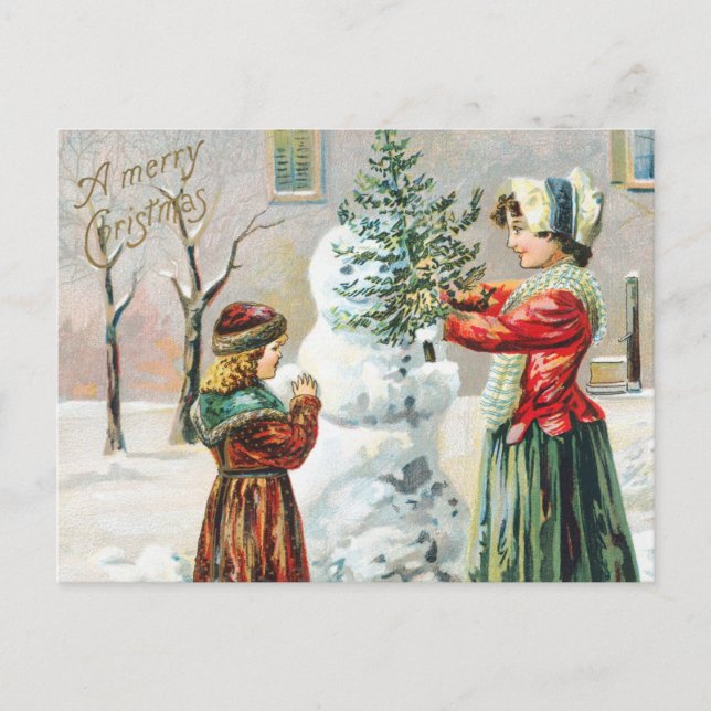 Frohe Weihnachten Viktorianische Familie und Snowm Postkarte (Vorderseite)