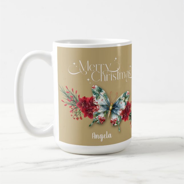 Frohe Weihnachten Vintag Butterfly Poinsettia Kaffeetasse (Links)