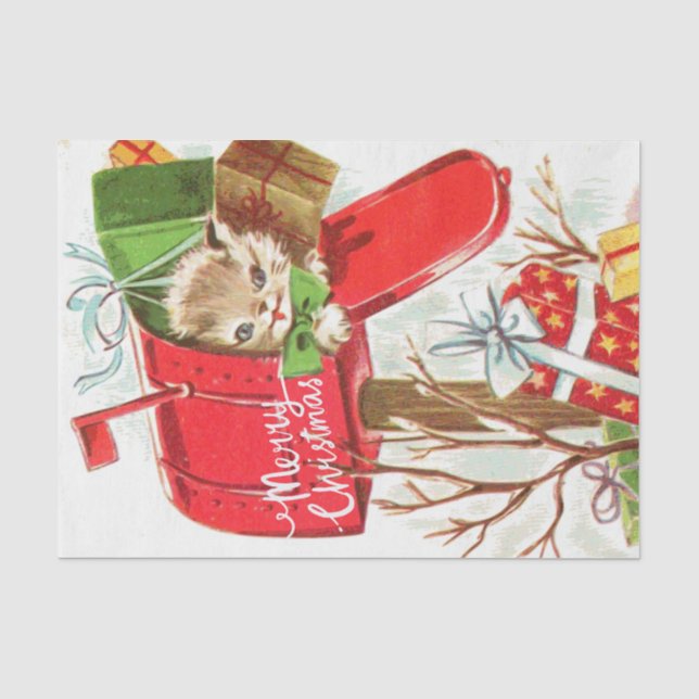 Frohe Weihnachten Vintag Kitten in der Mailbox Seidenpapier (Vorderseite)