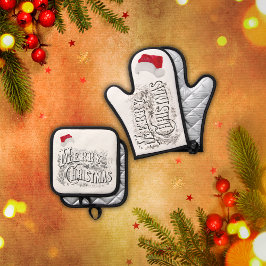 Frohe Weihnachten - Vintag, mit Weihnachtsmannmütz Ofenhandschuh & Topflappen-Set