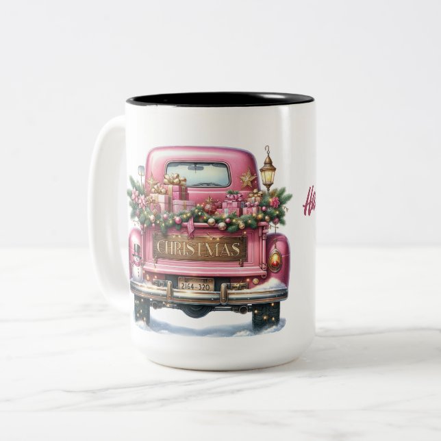 Frohe Weihnachten Vintag Pink Truck Zweifarbige Tasse (Vorderseite Links)